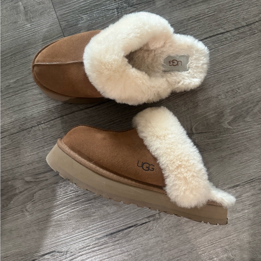 UGG Disquette Tan Shearling Lined Mules